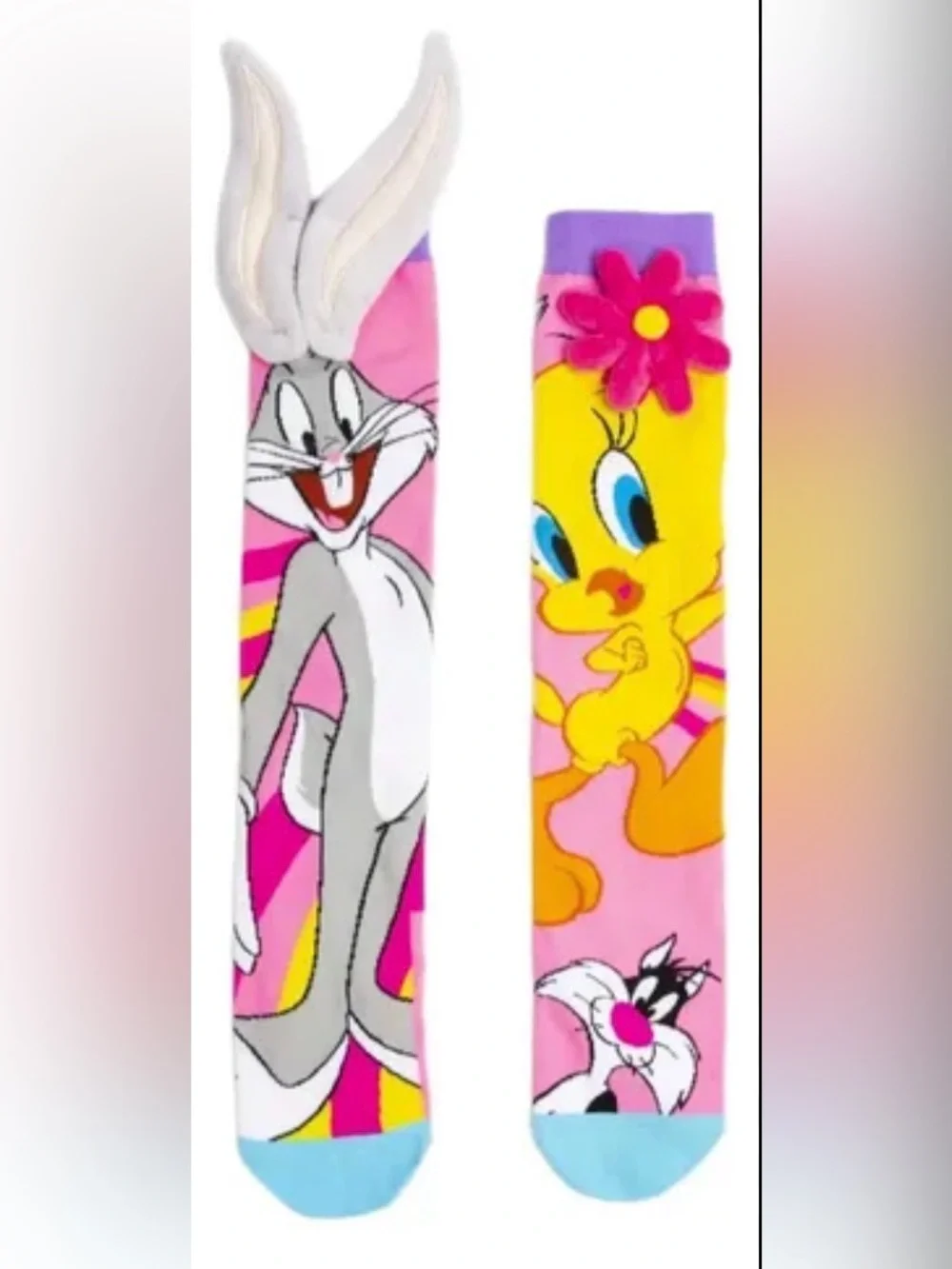 Jioiwa 3D Plush Ears Bugs Bunny Knee High Socks Mismatched Novelty Kid/Adult